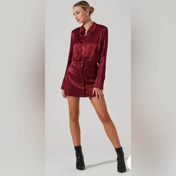Astr Dresses & Skirts - Astr The Label Ruth Burgundy Satin Shirt Dress size small